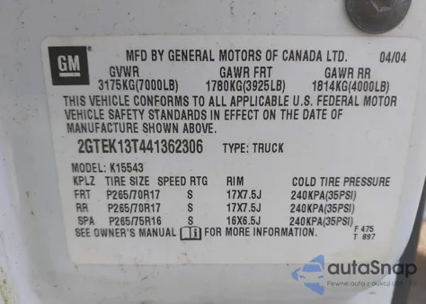 2004 GMC Sierra 1500 Slt из США, поврежденный, VIN 2GTEK13T441362306